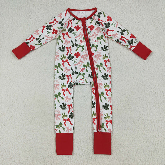 Baby Girls Christmas Red Green Bows Zipper Footie Rompers