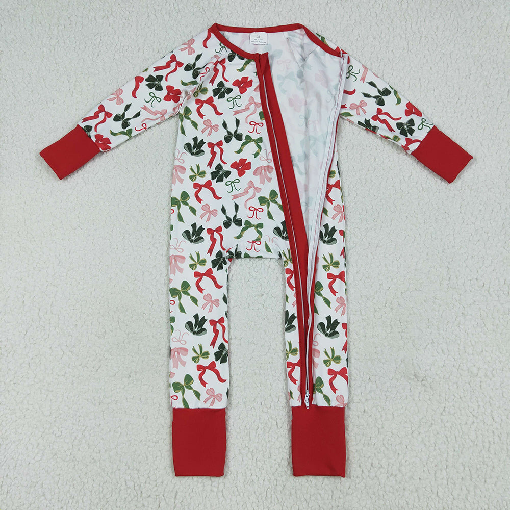 Baby Girls Christmas Red Green Bows Zipper Footie Rompers