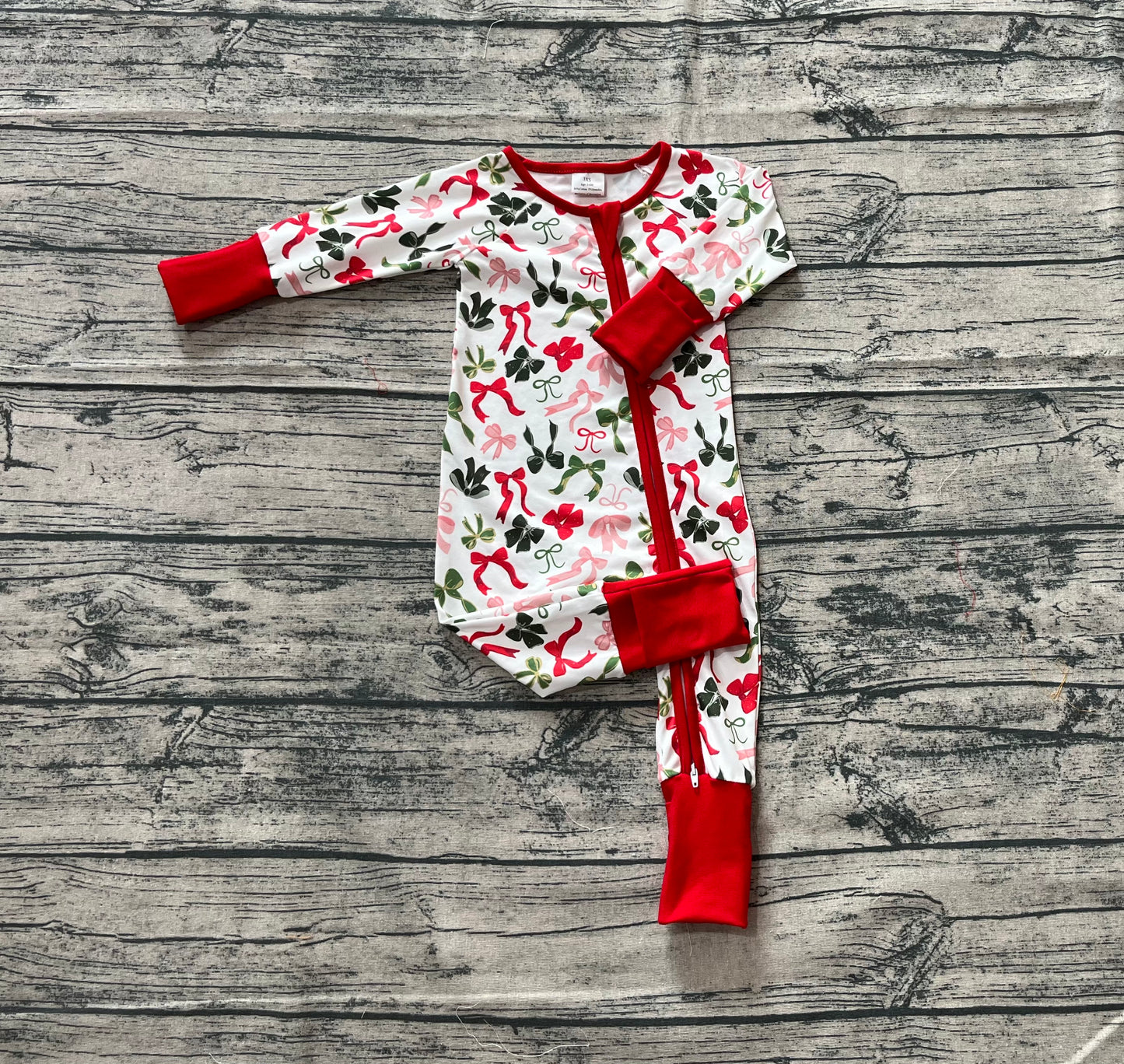 Baby Girls Christmas Red Green Bows Zipper Footie Rompers