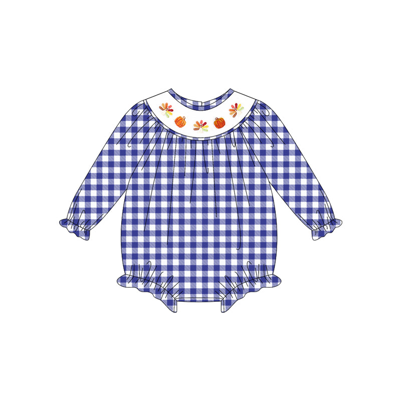 Preorder moq 5 Baby Girls Long Sleeves Blue Plaid Smocked Turkey Pumpkins Ruffle Rompers