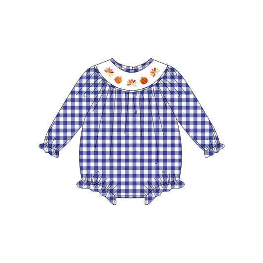 Preorder moq 5 Baby Girls Long Sleeves Blue Plaid Smocked Turkey Pumpkins Ruffle Rompers