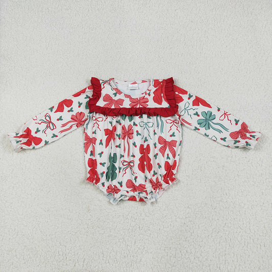 Baby Girls Christmas Red Green Bows Ruffle Rompers