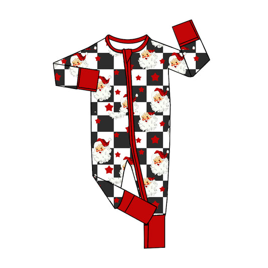 Baby Boys Long Sleeves Black Plaid Santa Stars Zipper Rompers Preorder