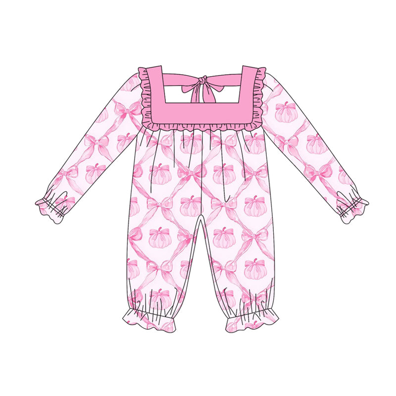 Preorder moq 5 Baby Girls Long Ruffle Sleeves Pink Bows Pumpkins Pant Rompers