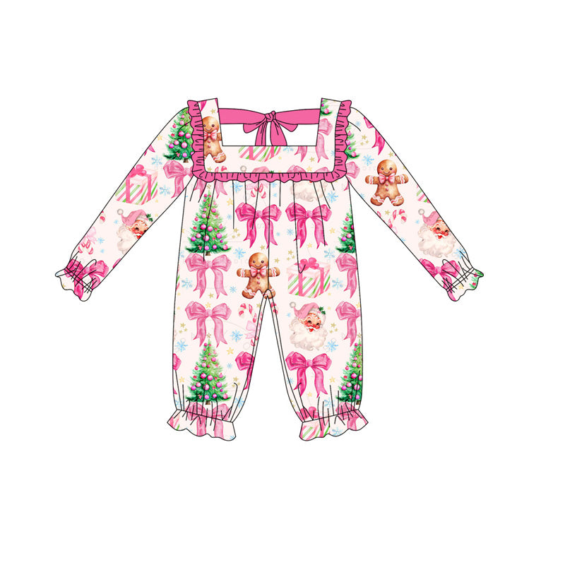 Preorder moq 5 Baby Girls Pink Santa Gingerbread Christmas Footie Rompers
