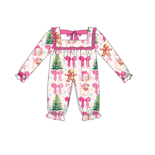 Preorder moq 5 Baby Girls Pink Santa Gingerbread Christmas Footie Rompers