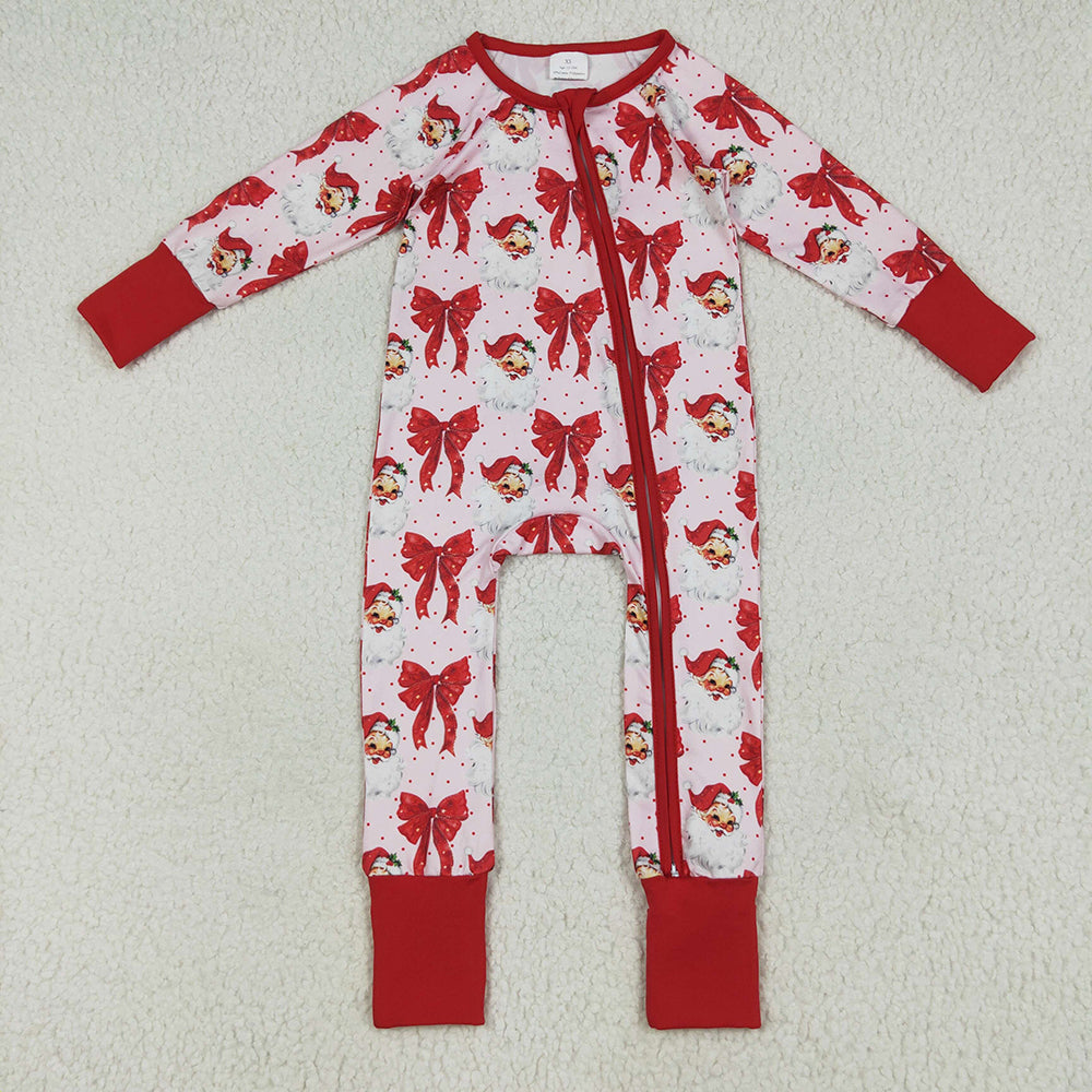 Baby Girls Christmas Red Santa Bows Footie Zipper Rompers