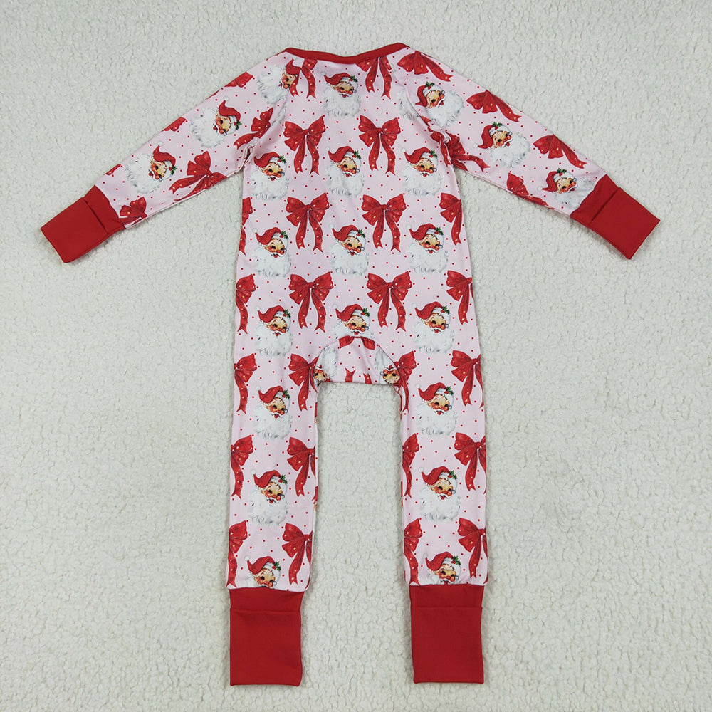 Baby Girls Christmas Red Santa Bows Footie Zipper Rompers