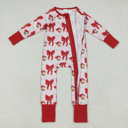 Baby Girls Christmas Red Santa Bows Footie Zipper Rompers