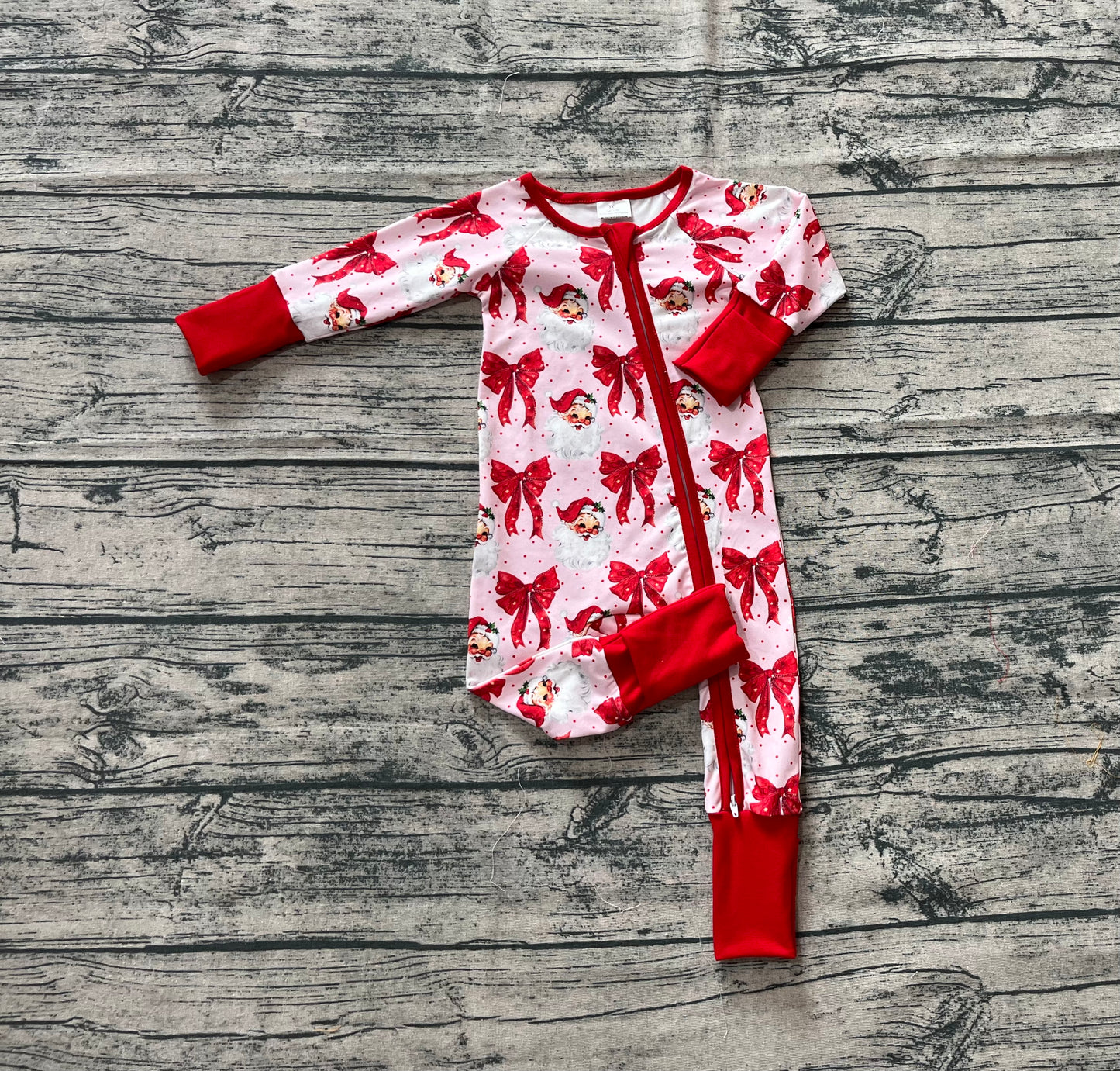 Baby Girls Christmas Red Santa Bows Footie Zipper Rompers