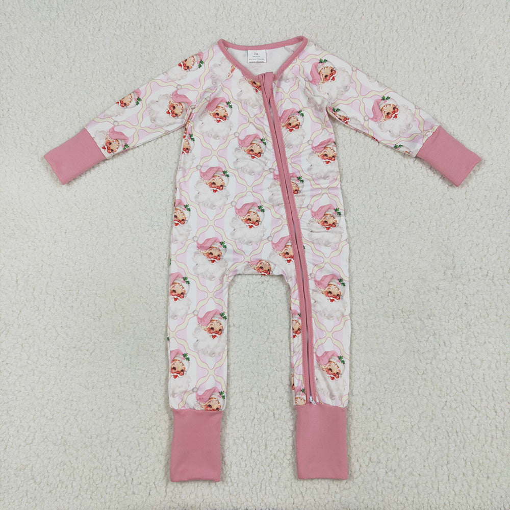 Baby Girls Christmas Pink Santa Plaid Zipper Footie Rompers