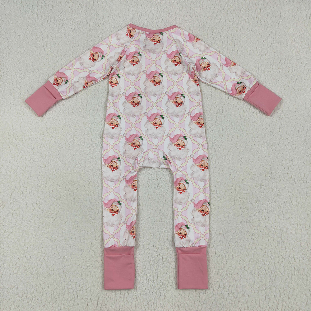 Baby Girls Christmas Pink Santa Plaid Zipper Footie Rompers