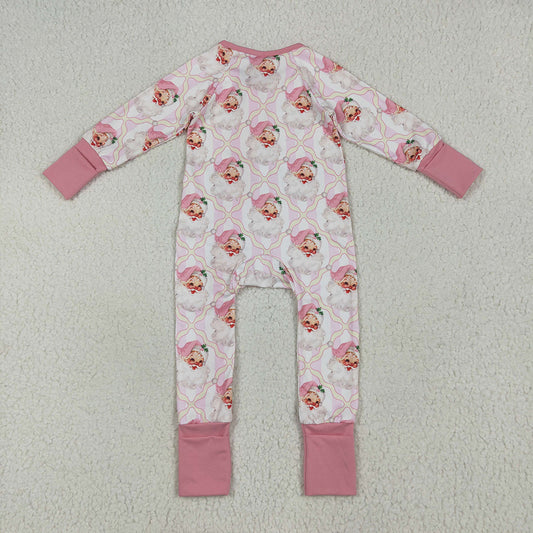 Baby Girls Christmas Pink Santa Plaid Zipper Footie Rompers