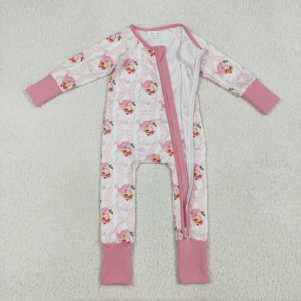 Baby Girls Christmas Pink Santa Plaid Zipper Footie Rompers