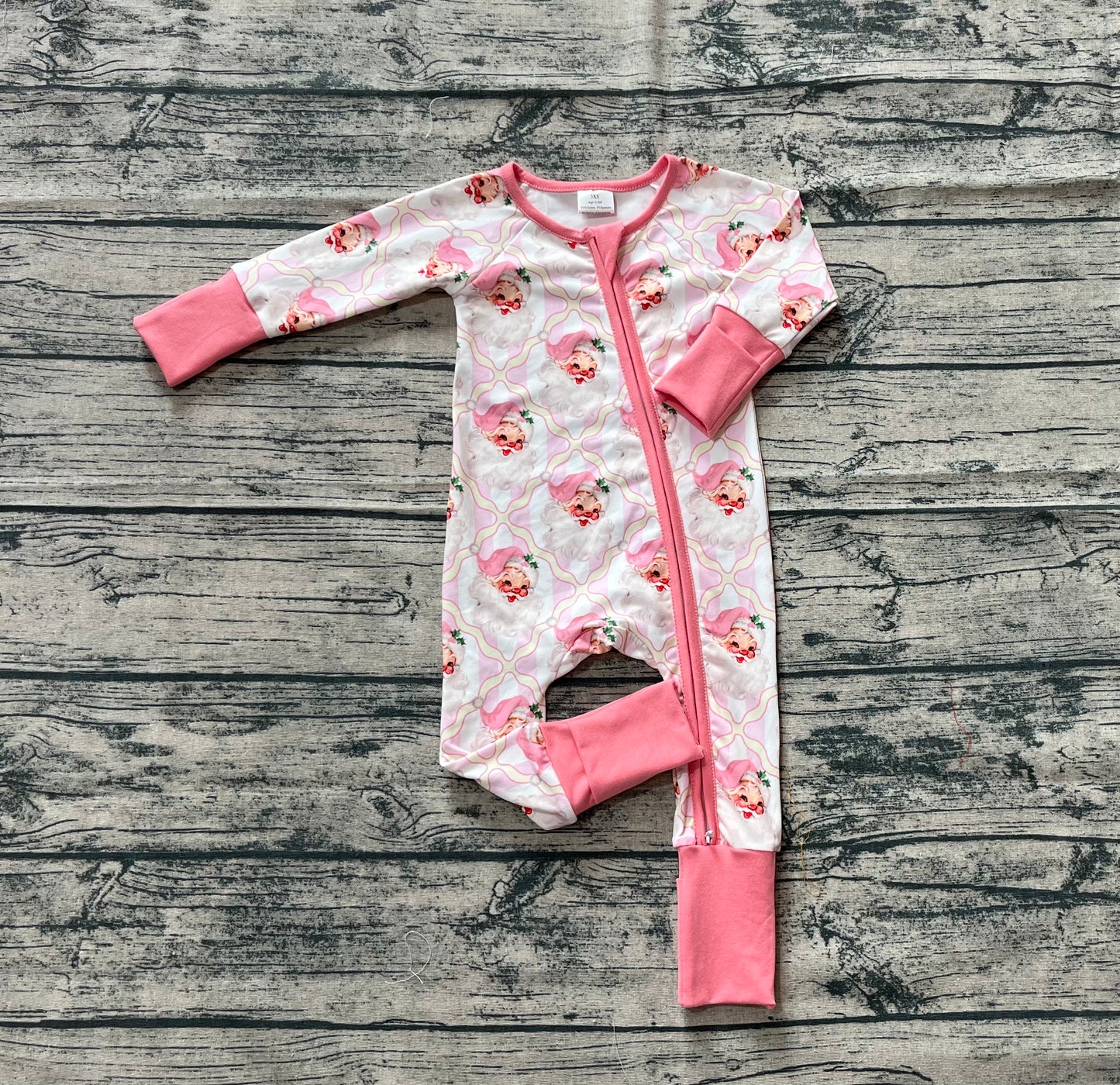 Baby Girls Christmas Pink Santa Plaid Zipper Footie Rompers