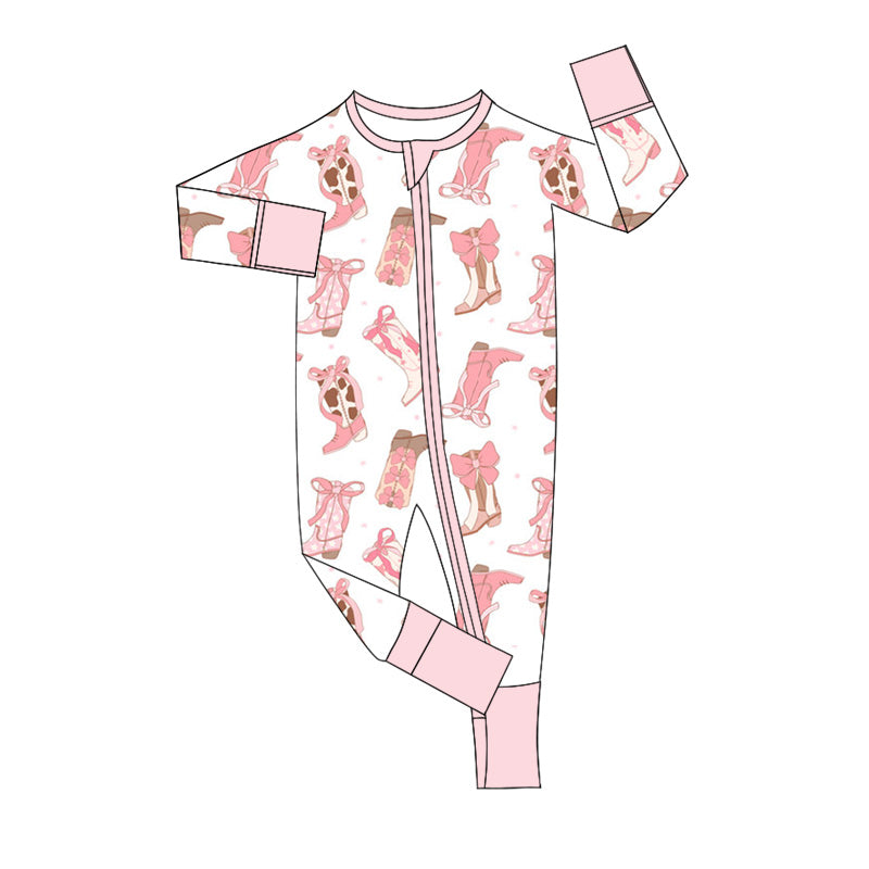 Baby Girls Long Sleeves Pink Bows Boots Zipper Pant Rompers Preorder