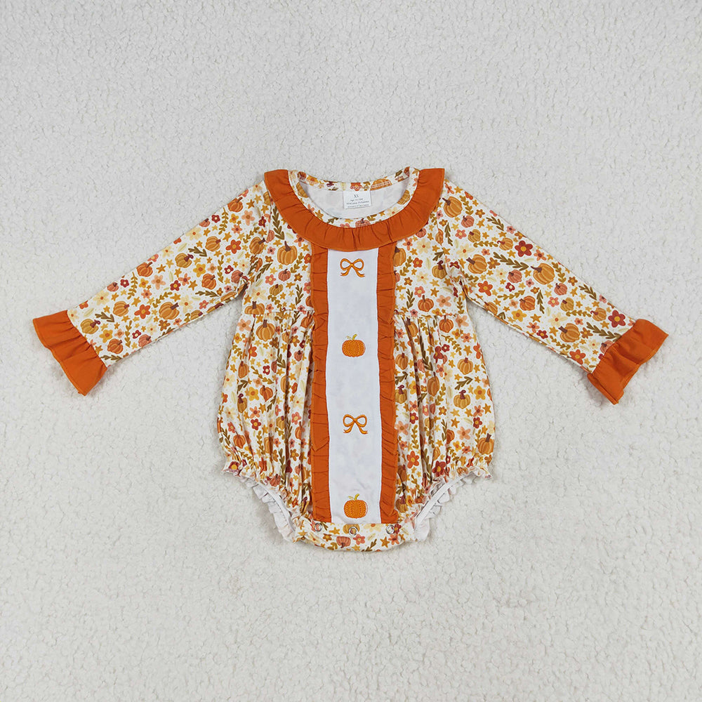 Embroidery Baby Girls Long Sleeves Bows Pumpkins Floral Ruffle Rompers