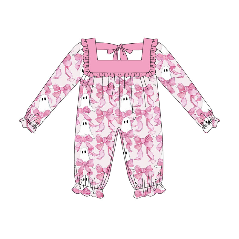 Baby Girls Long Ruffle Sleeves Pink Bows Ghosts Pant Rompers Preorder