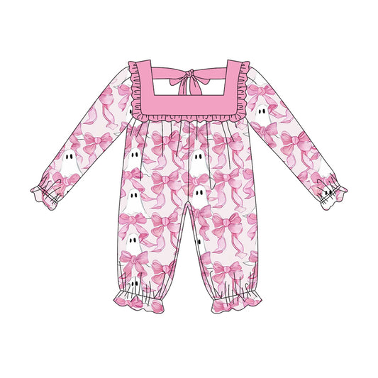 Baby Girls Long Ruffle Sleeves Pink Bows Ghosts Pant Rompers Preorder