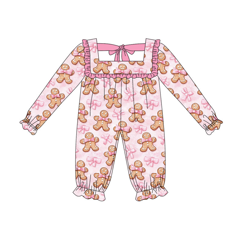 Baby Girls Long Ruffle Sleeves Pink Bows Gingerbread Pant Rompers Preorder