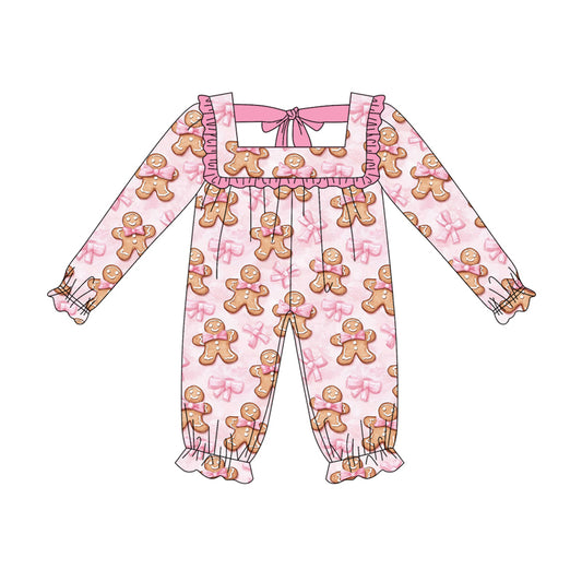 Baby Girls Long Ruffle Sleeves Pink Bows Gingerbread Pant Rompers Preorder