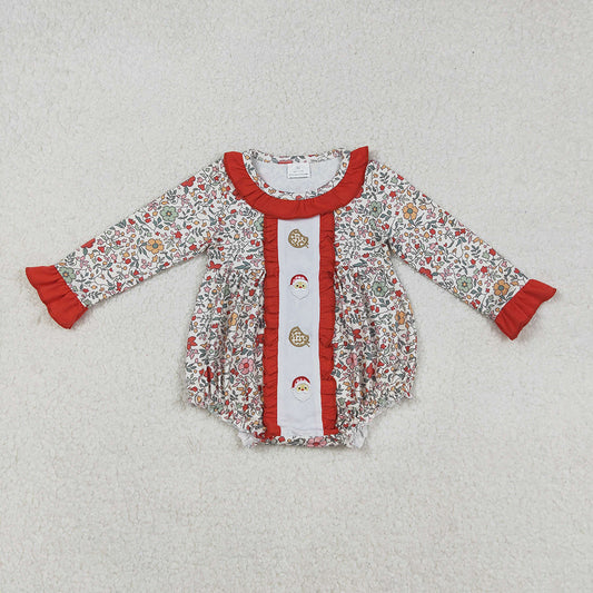 Embroidery Ruffle Baby Girls Christmas Floral Santa Cakes Ruffle Rompers