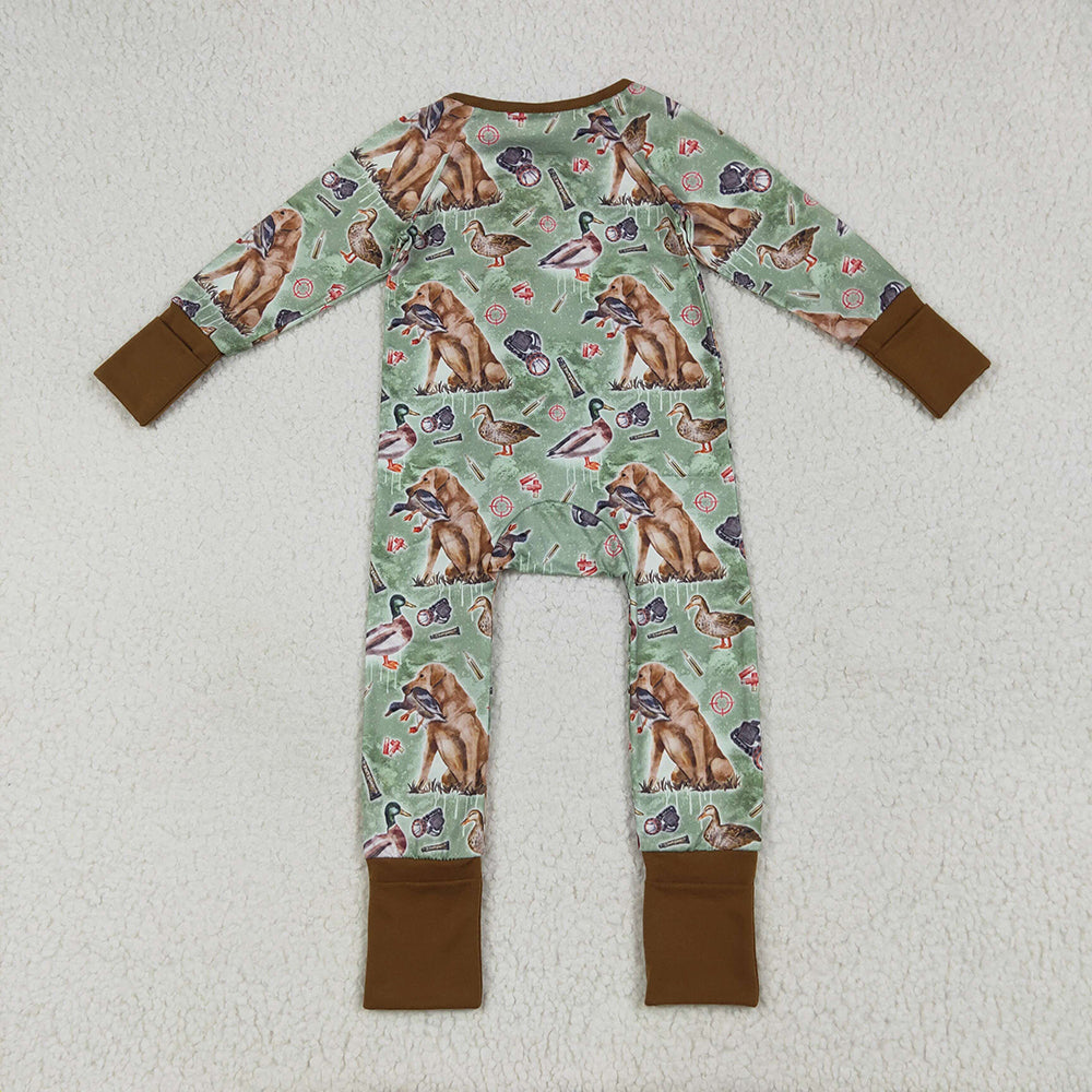 Baby Boys Green Dog Ducks Hunting Zipper Footie Rompers