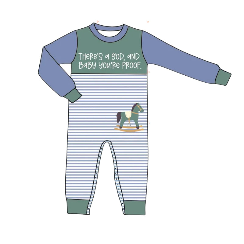 Baby Boys Blue Long Sleeves There's a god Horse Stripe Rompers Preorder
