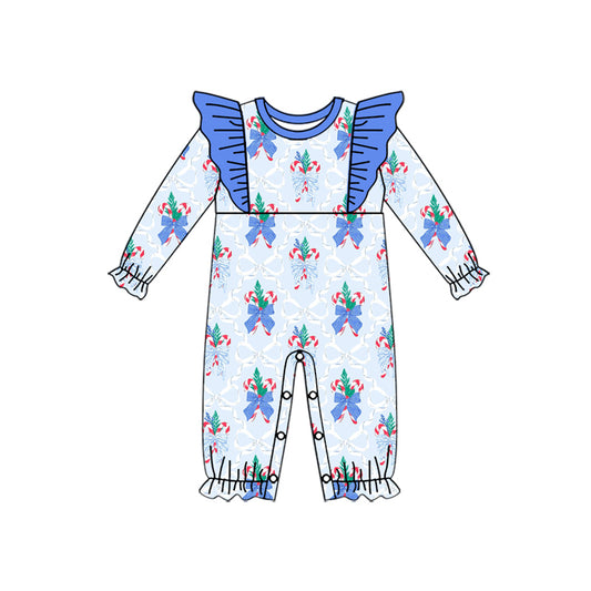 Baby Girls Blue Long Ruffle Sleeves Bows Candy Cane Rompers Preorder
