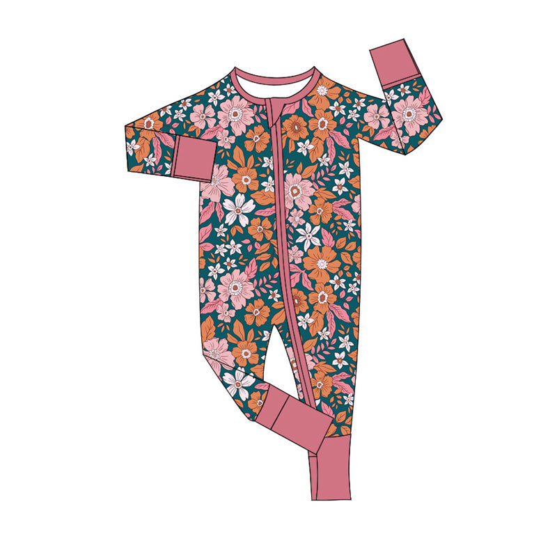 Baby Girls Flowers Zipper Footie Rompers