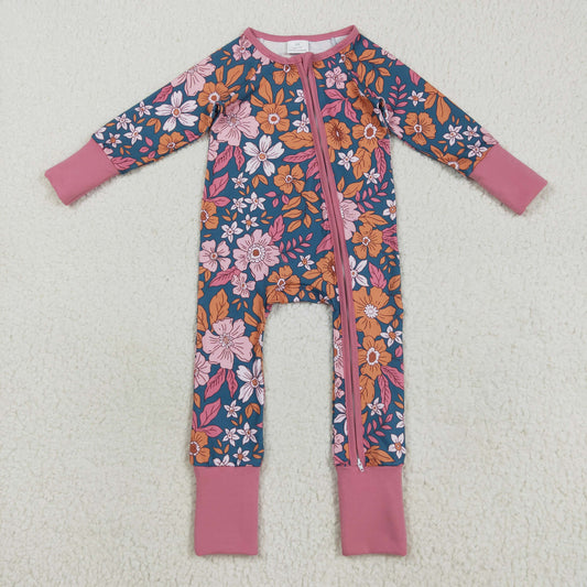 Baby Girls Flowers Zipper Footie Rompers
