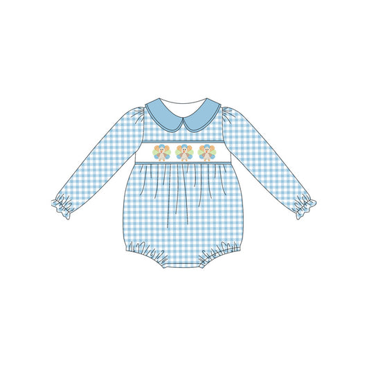 Baby Girls Blue Plaid Long Sleeves Turkey Ruffle Rompers Preorder