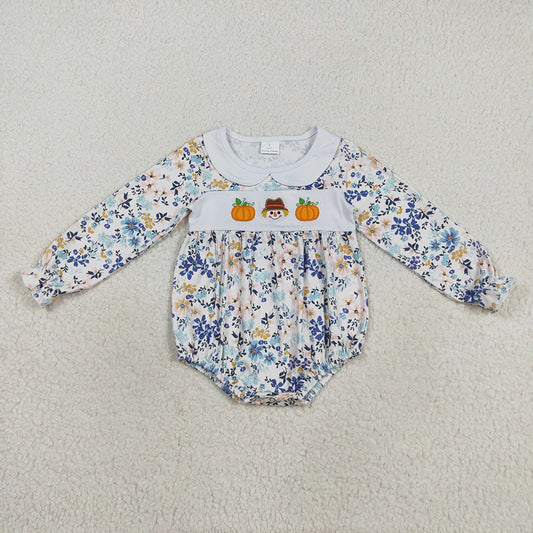 Embroidery Pumpkins Scarecrow Baby Girls Floral Ruffle Rompers