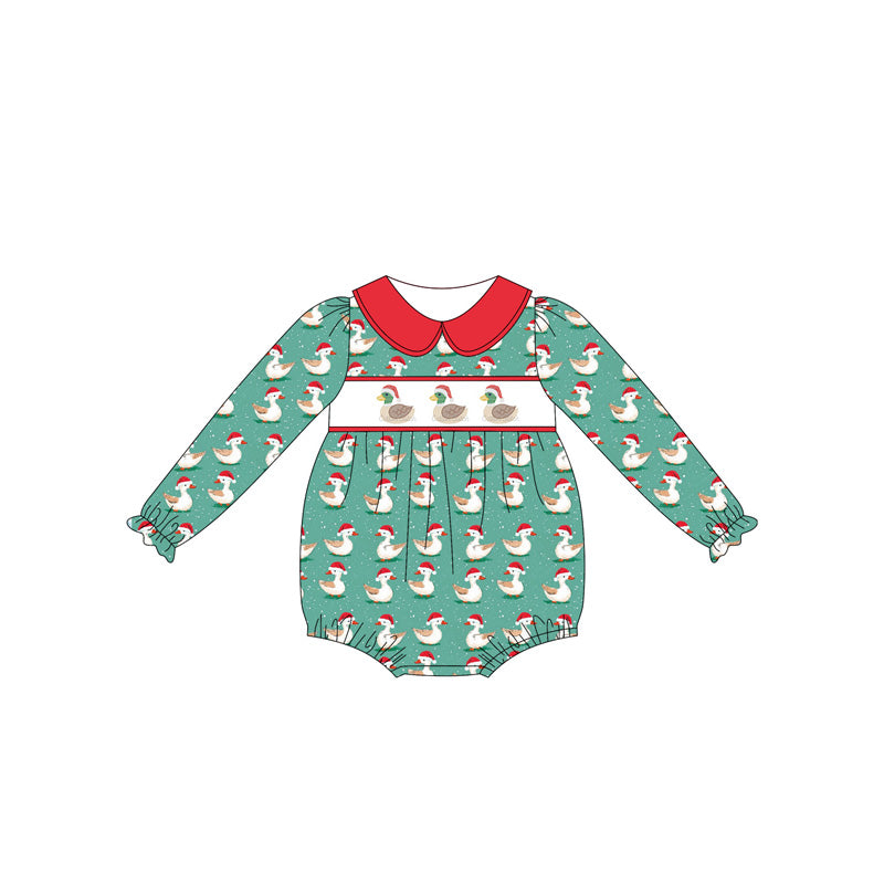 Baby Girls Green Long Ruffle Sleeves Ducks Plaid Rompers Preorder