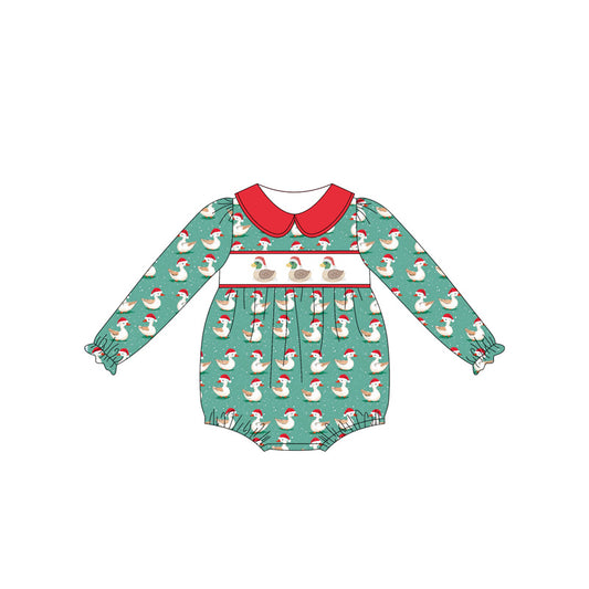 Baby Girls Green Long Ruffle Sleeves Ducks Plaid Rompers Preorder