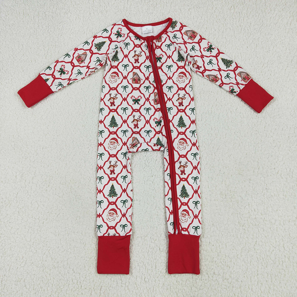 Baby Kids Footie Red Bows Plaid Trees Gingerbread Zipper Rompers