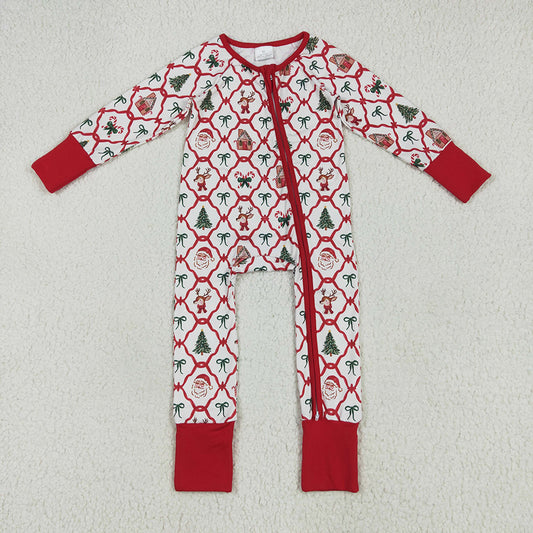 Baby Kids Footie Red Bows Plaid Trees Gingerbread Zipper Rompers