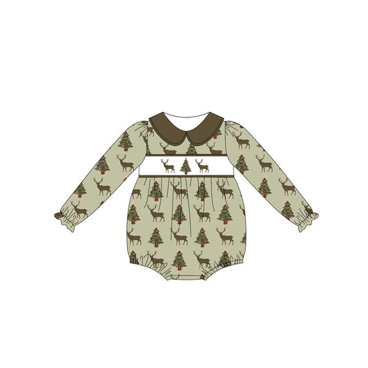 Baby Girls Long Sleeves Olive Deer Trees Ruffle Rompers Preorder