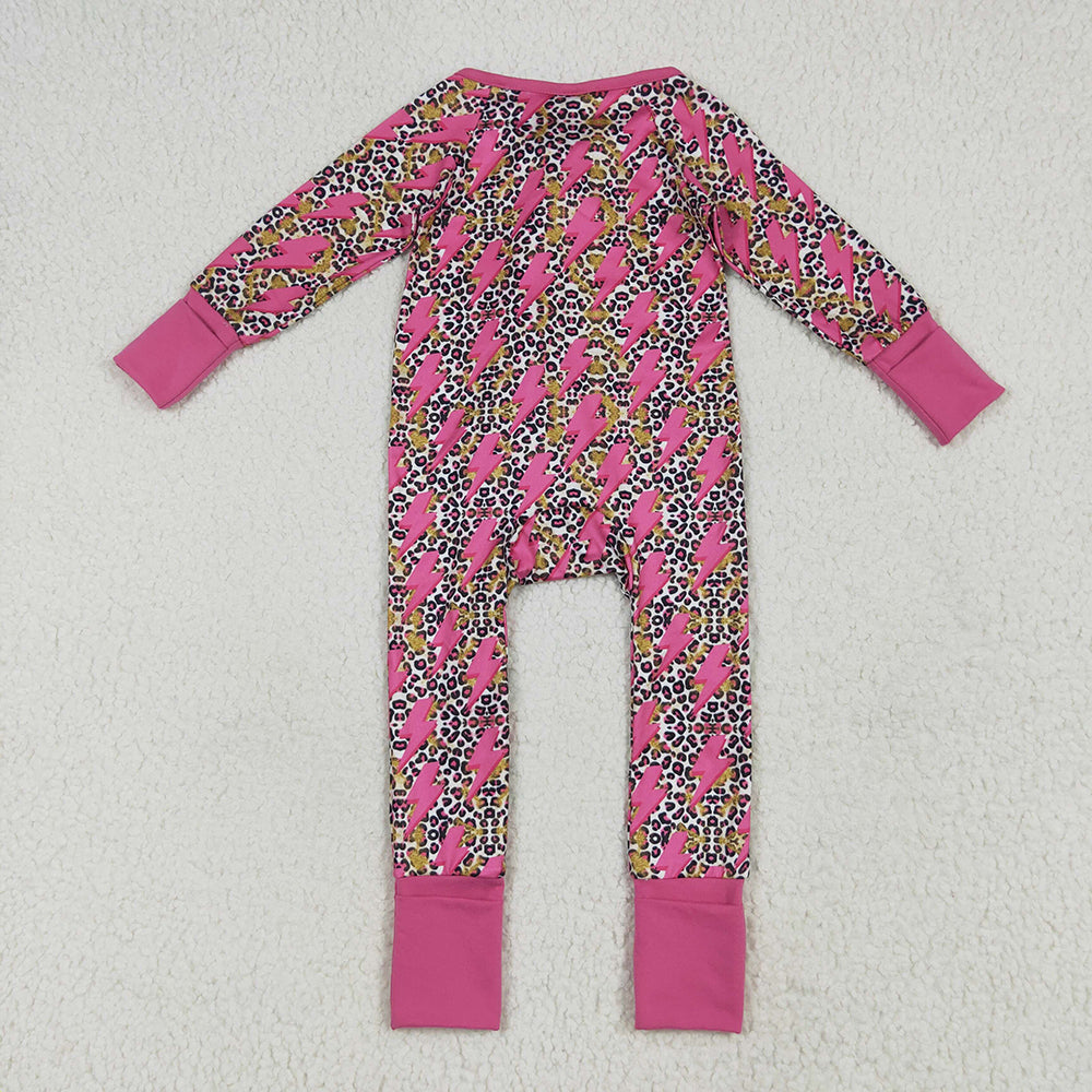 Baby Girls Western Pink Lightning Leopard Zipper Rompers