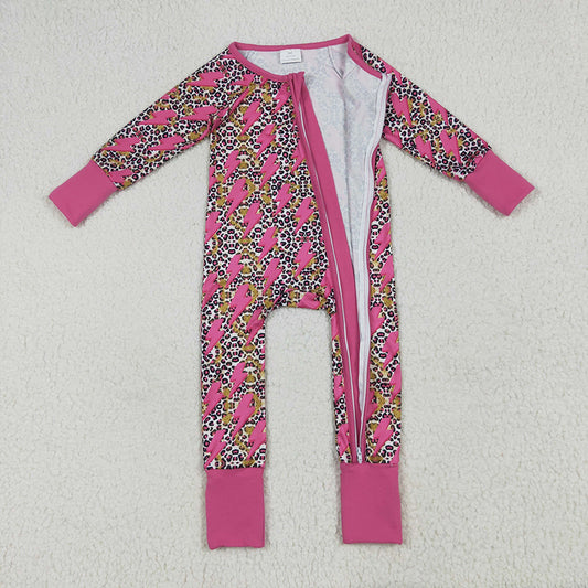 Baby Girls Western Pink Lightning Leopard Zipper Rompers