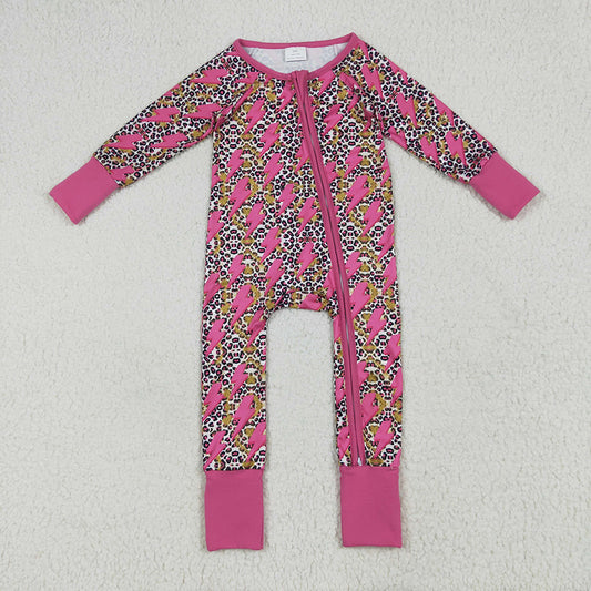 Baby Girls Western Pink Lightning Leopard Zipper Rompers