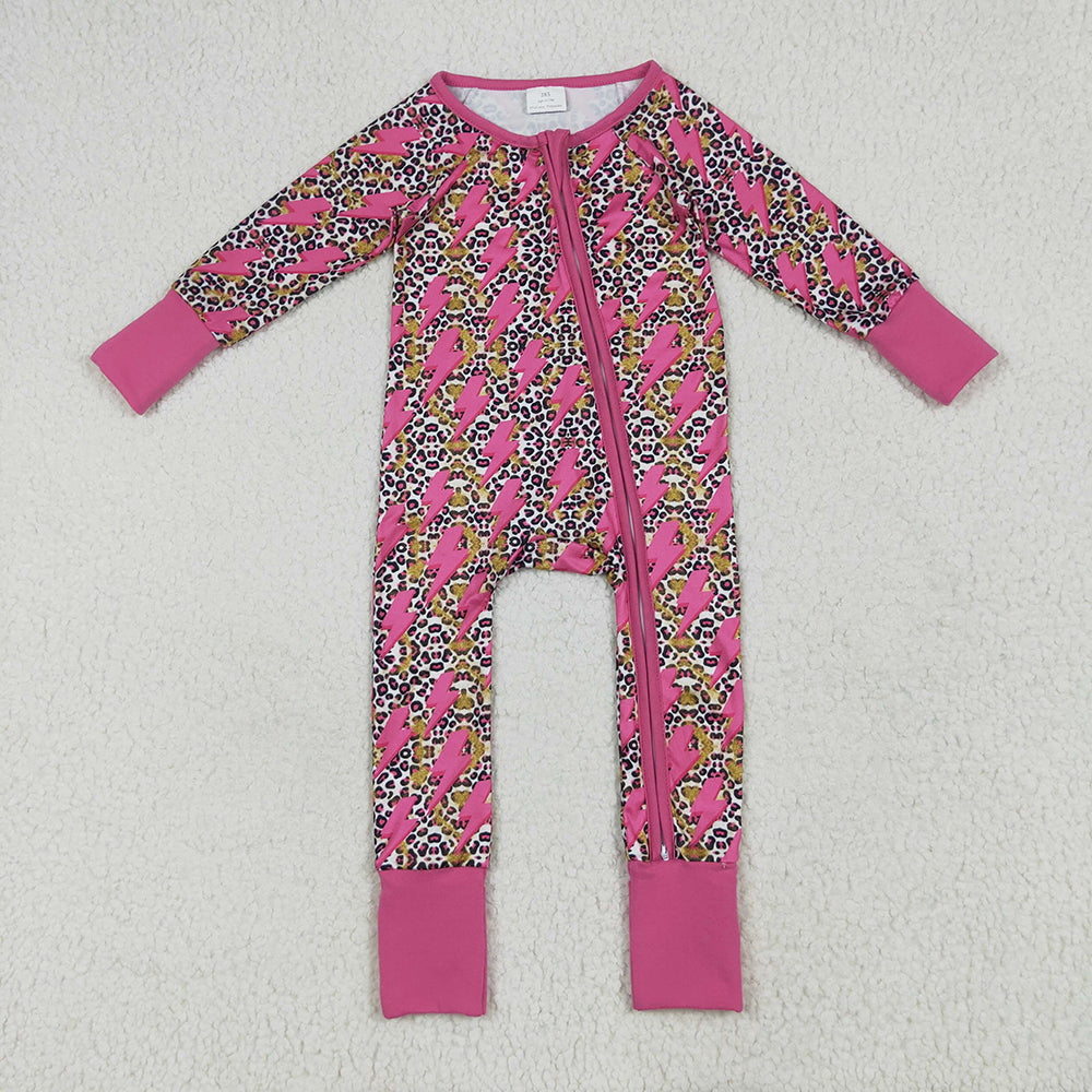 Sibling Baby Girls Western Pink Lightning Leopard Rompers Pajamas
