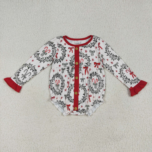 Baby Girls Christmas Red Green Bows Button Ruffle Rompers