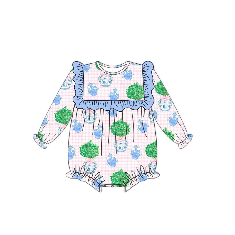 Preorder moq 5 Baby Girls Long Sleeves Pink Plaid Flowers Ruffle Rompers