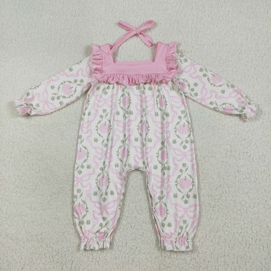 Baby Girls Long Ruffle Sleeves Pink Pumpkins Bows Plaid Pant Rompers