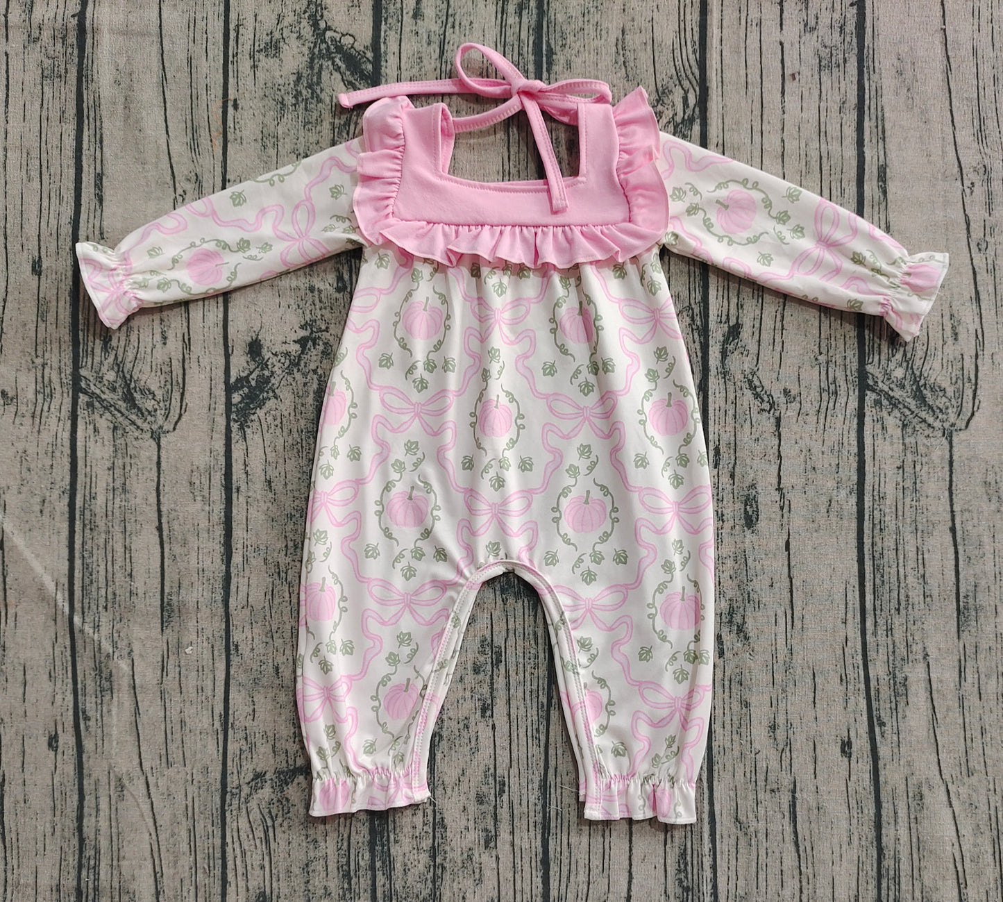 Baby Girls Long Ruffle Sleeves Pink Pumpkins Bows Plaid Pant Rompers