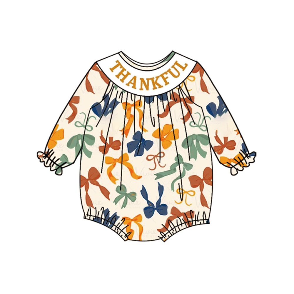 Baby Girls Smocked Thankful Colorful Bows Ruffle Rompers Preorder