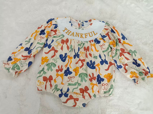 Baby Girls Smocked Thankful Colorful Bows Ruffle Rompers Preorder