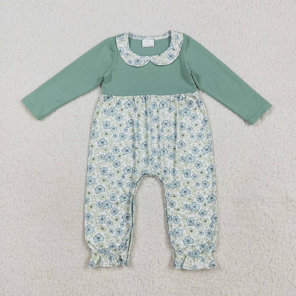 Baby Girls Green Long Sleeves Floral Ruffle Pant Rompers