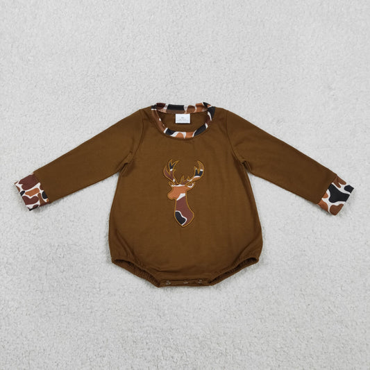 Embroidery Camo Deer Baby Boys Brown Long Sleeve Hunting Rompers